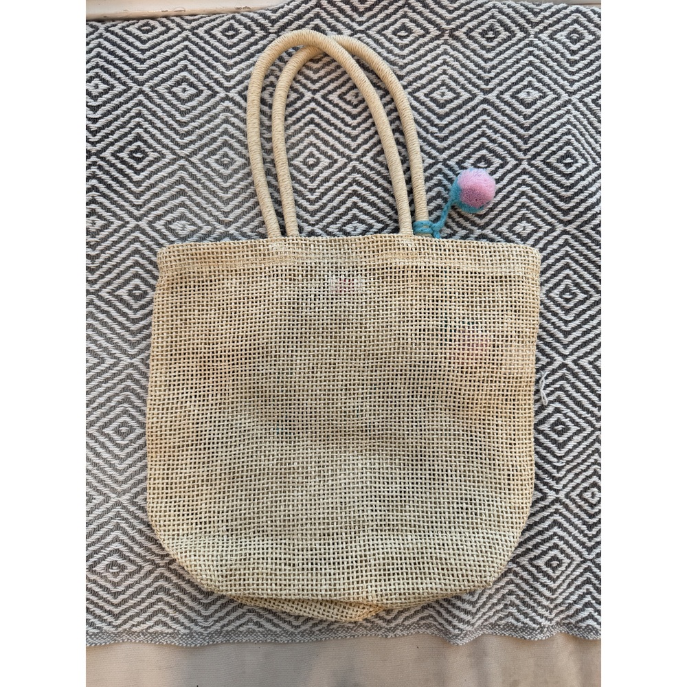 Merbabe Woven Straw Tote Bag with Colorful Yarn Lettering - Picture 3 of 3